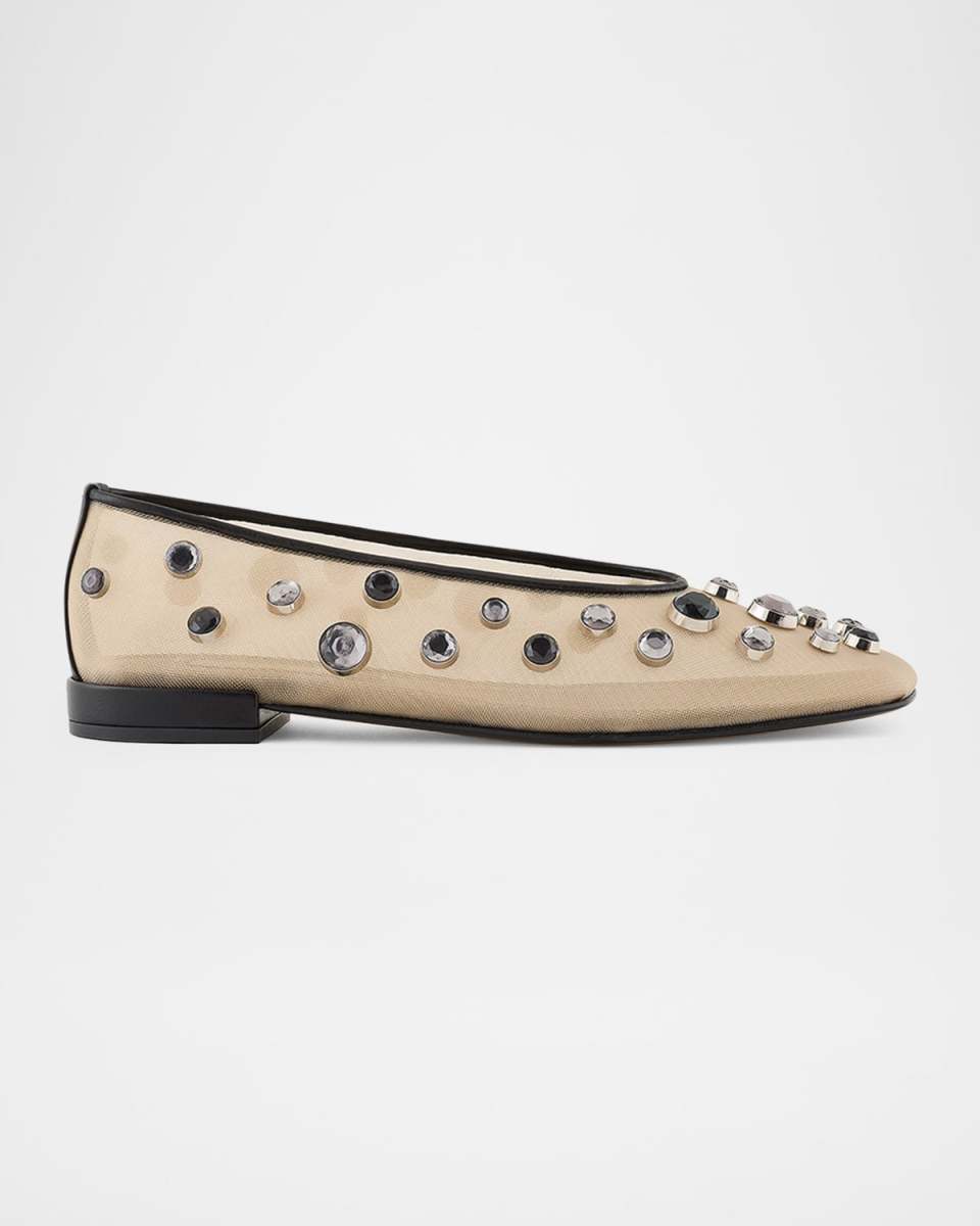 Mesh Crystal-Embellished Ballerina Flats